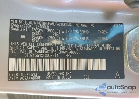 2015 Toyota Sequoia Sr5 из США, поврежденный, VIN 5TDZY5G1XFS057341